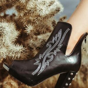 Black Western Ankle Boots with Embellished Heel